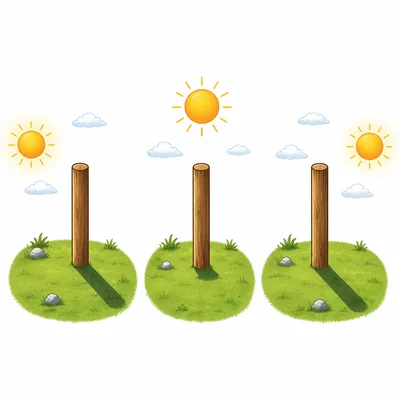 A post shows long, short, then long shadows as the Sun changes position.