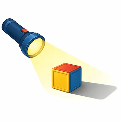 A flashlight on the left makes a block shadow on the right.