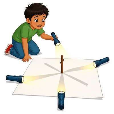 A child tests how moving a light changes an object's shadow.