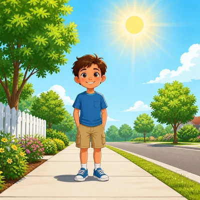 A high Sun casts a short shadow beside a child.