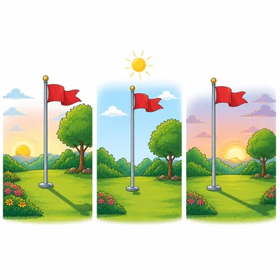A flagpole has long shadows when the Sun is low and a short shadow when the Sun is high.