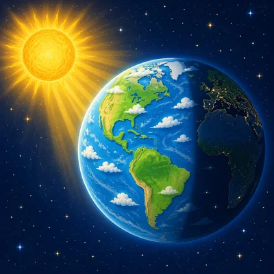 The side of Earth facing the Sun is lit for daytime.