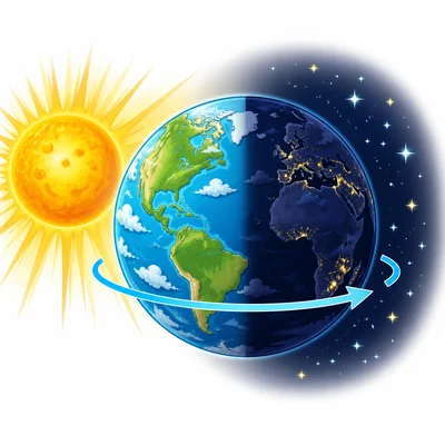 Earth rotates, moving places into sunlight and darkness.