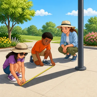 Students measure a pole shadow safely with a measuring tape.