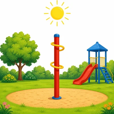 A playground pole has a short shadow when the Sun is high.