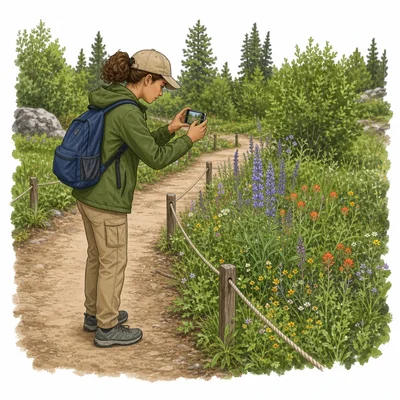 Volunteer photographs plants from a trail without picking them or stepping off the path.