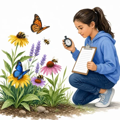 Student observes pollinators visiting flowers with a stopwatch and clipboard.