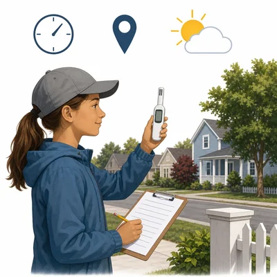 Volunteer measures air temperature and records conditions such as time, location, and weather.
