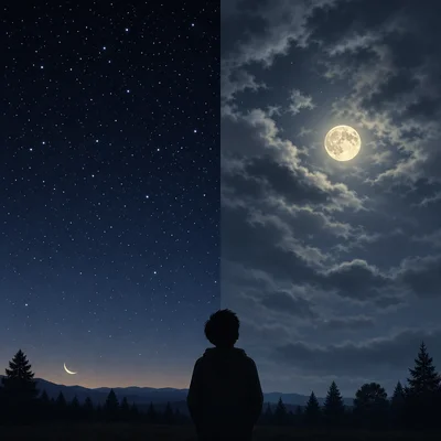 Night sky comparison showing how clouds and moon brightness affect visible stars.