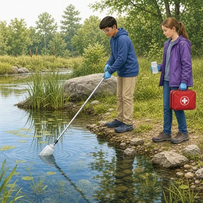 Students use gloves and safe positioning while collecting a water sample from a stream.