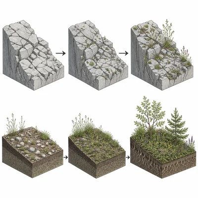 Comparison of slow recovery on bare rock and faster recovery where soil remains.