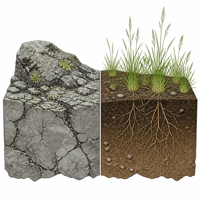 Side-by-side diagram comparing bare rock with lichens to soil with grasses after disturbance.