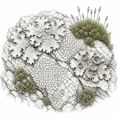 Close-up of lichens and moss growing on a rock surface.