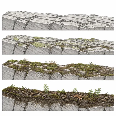 Sequence showing bare rock becoming thin soil through lichens, mosses, and organic matter.