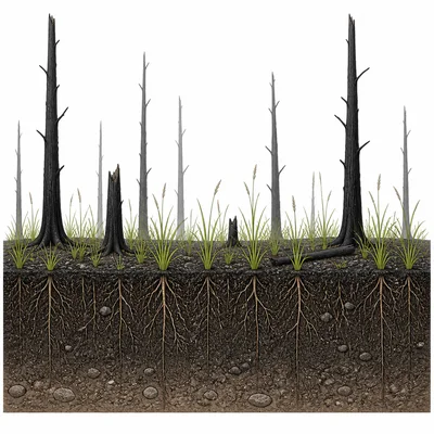 Burned forest area with intact soil and new grasses growing.