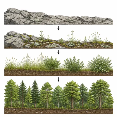 Land succession sequence from pioneer species to grasses, shrubs, and mature forest.