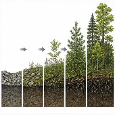 Ecological succession showing a simple community becoming more diverse and layered.