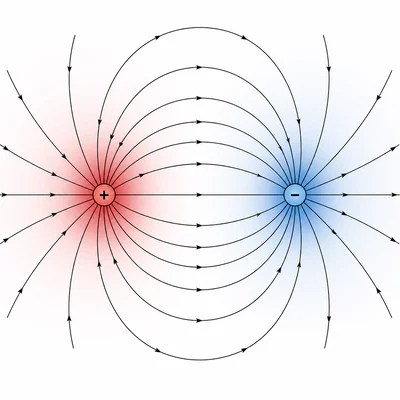 Isolated positive and negative charges with shaded regions showing electric potential strongest near each charge.