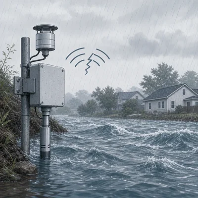 Flood warning sensor beside rising water during heavy rain near a neighborhood.