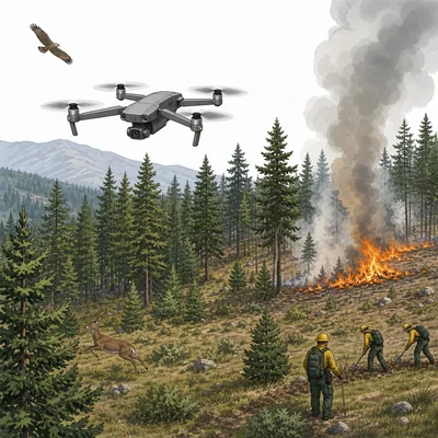 Drone flying low over a wildfire monitoring area near wildlife and firefighters.