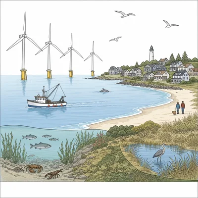 Coastal wind farm near a town, fishing boat, beach, homes, seabirds, and shoreline habitat.
