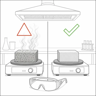 Two heated material samples compared, one releasing fumes and one appearing safer.