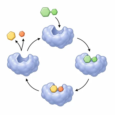 An enzyme binds a substrate and releases products.