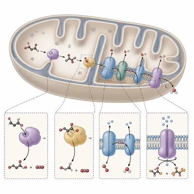 Enzymes guide molecules through cellular respiration in a mitochondrion.