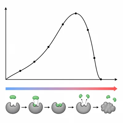 Enzyme activity rises with temperature, peaks, then drops sharply.