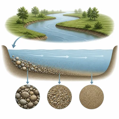 Large sediments settling first while smaller sediments travel farther in slow water.