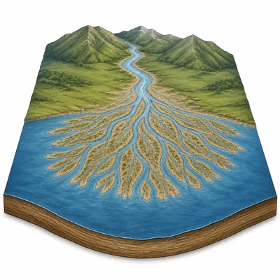 A fan-shaped river delta formed by deposited sediment.