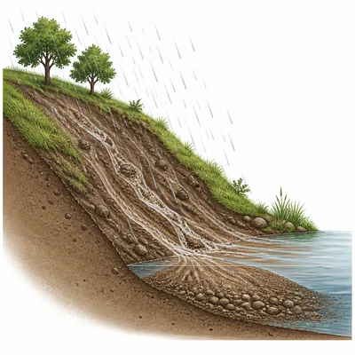 Soil eroding down a rainy hillside and depositing at the bottom.