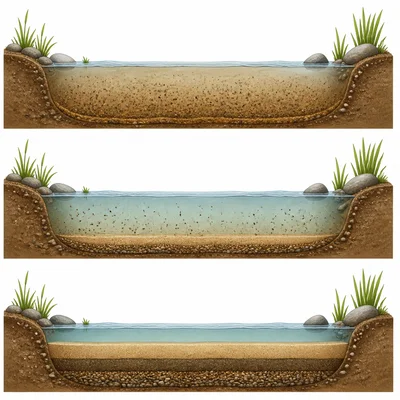 Sediment settling out of slow-moving water and forming layers.