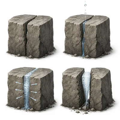 Water freezing inside a rock crack and splitting the rock apart.