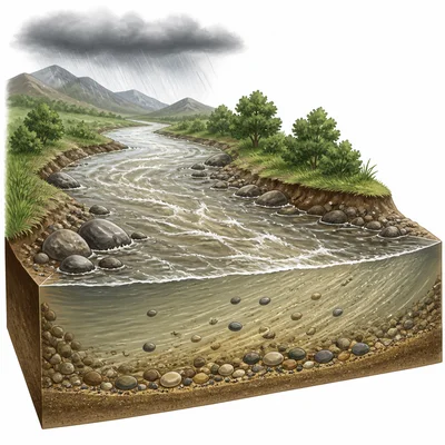 Storm water in a river carrying sand and pebbles downstream.