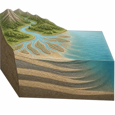 A river mouth where mud and sand are deposited in layers.