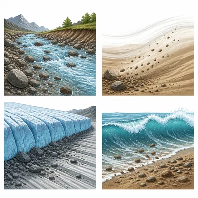 Water, wind, ice, and waves moving sediment as agents of erosion.