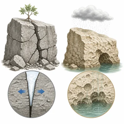 Mechanical cracking of rock beside chemical dissolving of rock.