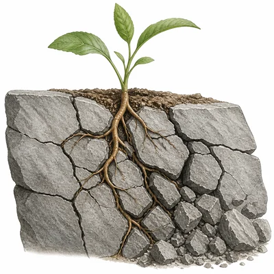 Plant roots growing into rock cracks and breaking the rock apart.