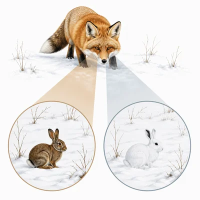 Fox in snow more easily seeing brown rabbits than white rabbits.