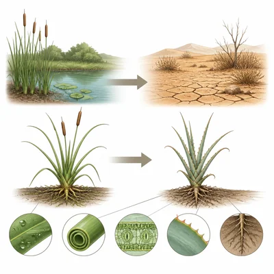 Wet habitat changing into a dry habitat with drought-tolerant traits shown.