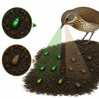 Bird spotting green beetles more easily than brown beetles on dark soil.