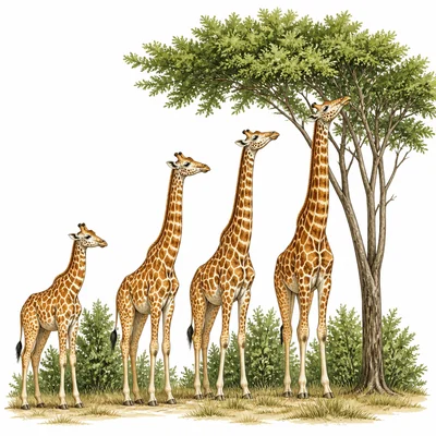 Giraffes with different neck lengths near tall trees, showing natural variation.