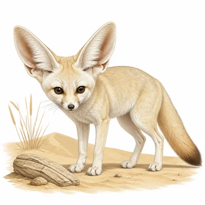 Fennec fox in a desert with large ears and light fur.