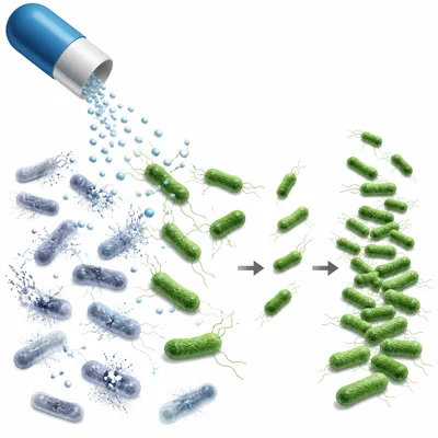 Resistant bacteria survive medicine and reproduce while many others die.
