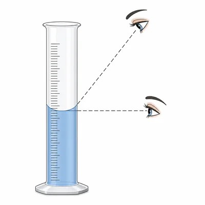 A graduated cylinder meniscus viewed from eye level and from above.