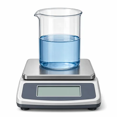A beaker of water sitting on a digital scale.