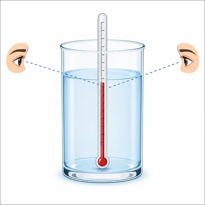 Two students view a thermometer in water from different angles.