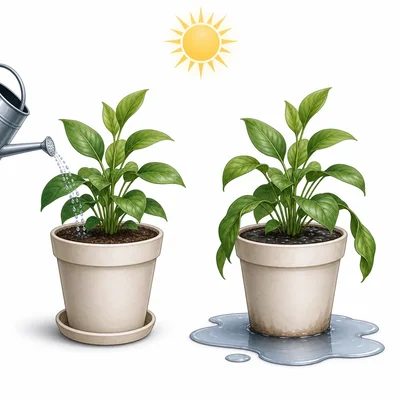 Two plants in sunlight, with one plant being overwatered.