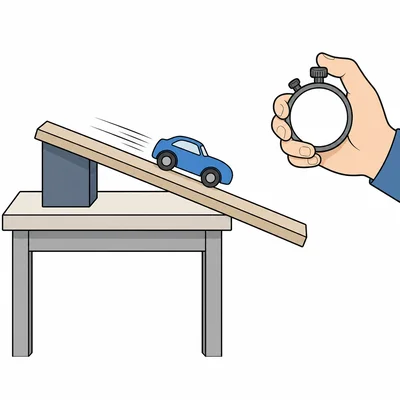 A toy car rolls down a ramp while a stopwatch is used.